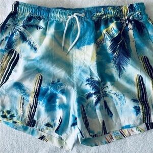 Preowned Aussie Bum Australia Multicolor Blue Palm Men's Swim Shorts Sz L, XL